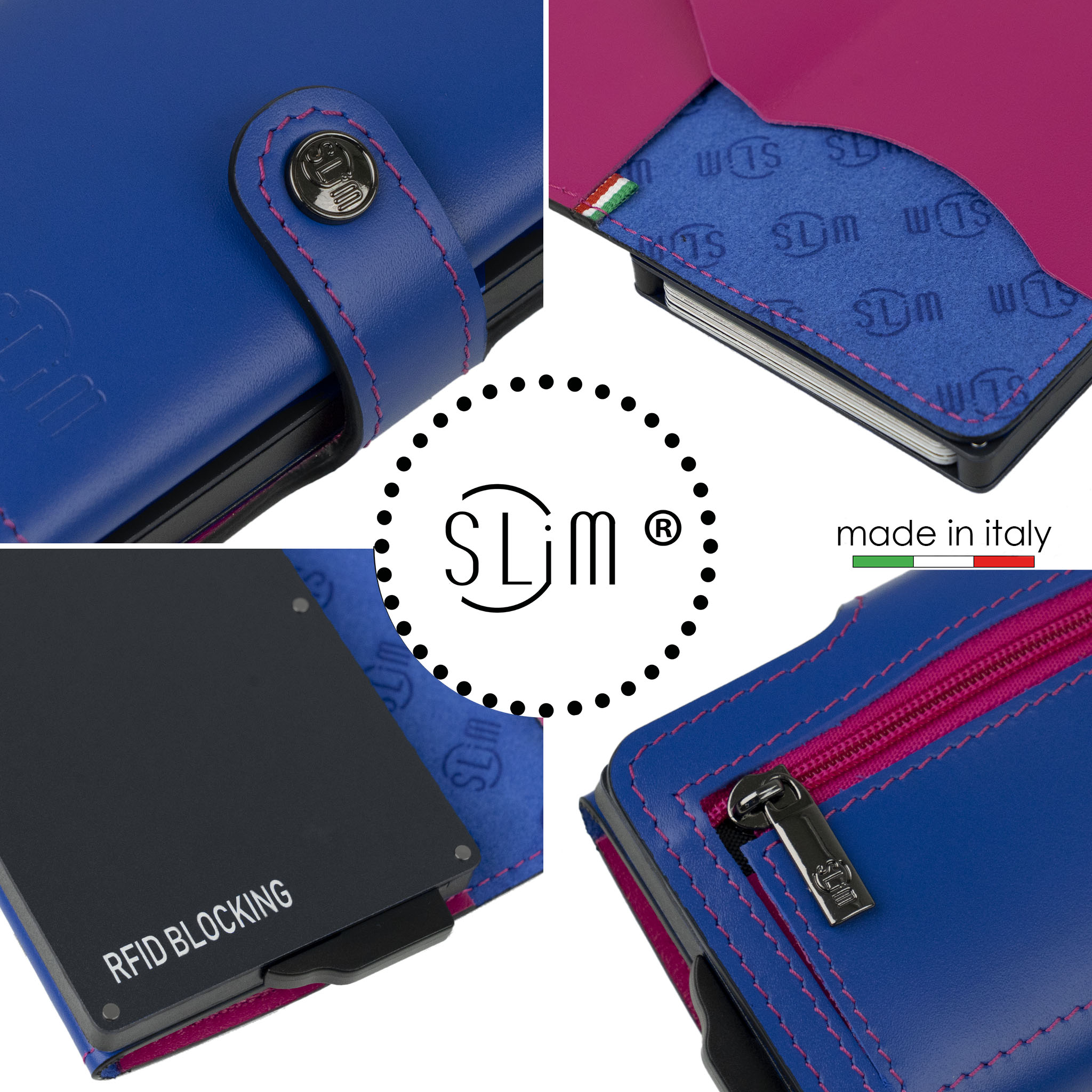 Porta Carte Vera Pelle Blu Elettrico/Fucsia con ZIp