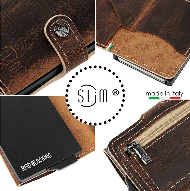 Porta Carte Vera Pelle Crazy Horse Cuoio Dark con zip