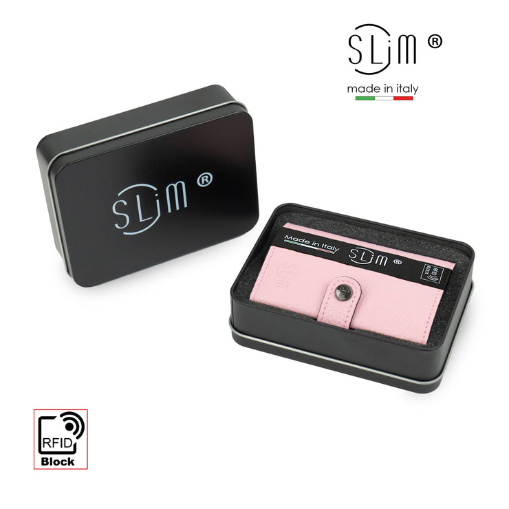 Porta Carte Vera Pelle Bottalato Rosa con zip porta monete