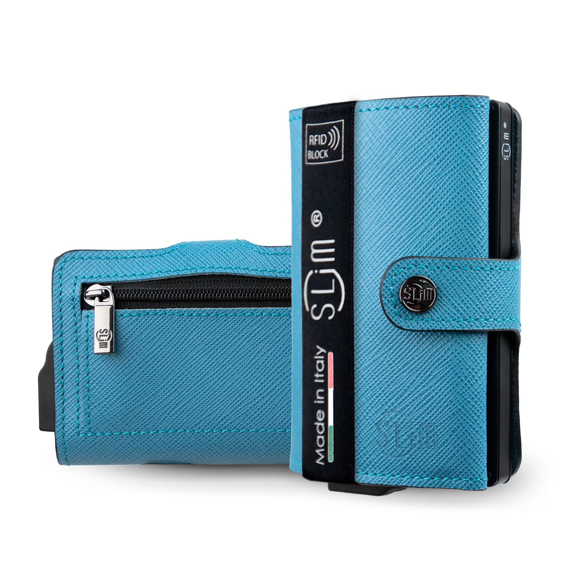 Portacarte Vera Pelle Saffiano Anti Graffio Azzurro