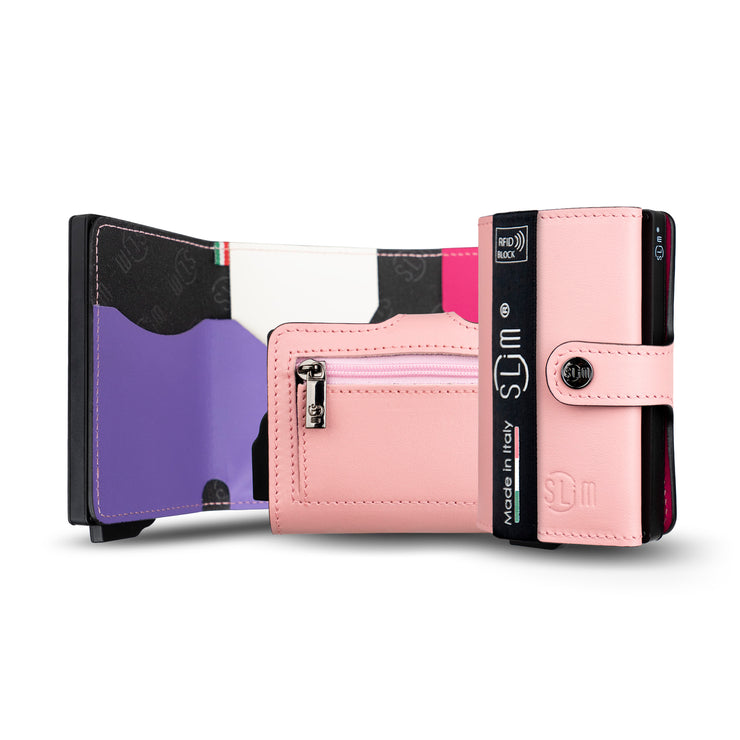 SLim®️ genuine leather wallet pink multicolor with coin pocket and zip