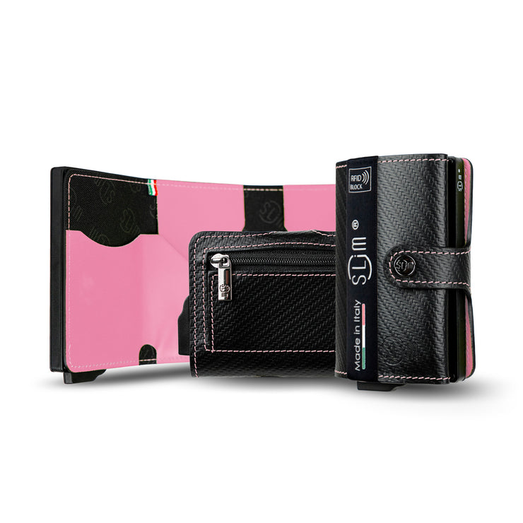SLim®️ carbon style genuine leather wallet black/yellow with zip