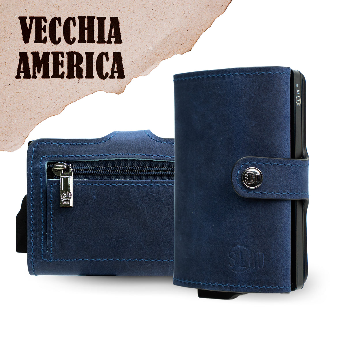 Porta Carte Vera Pelle Crazy Horse Blu