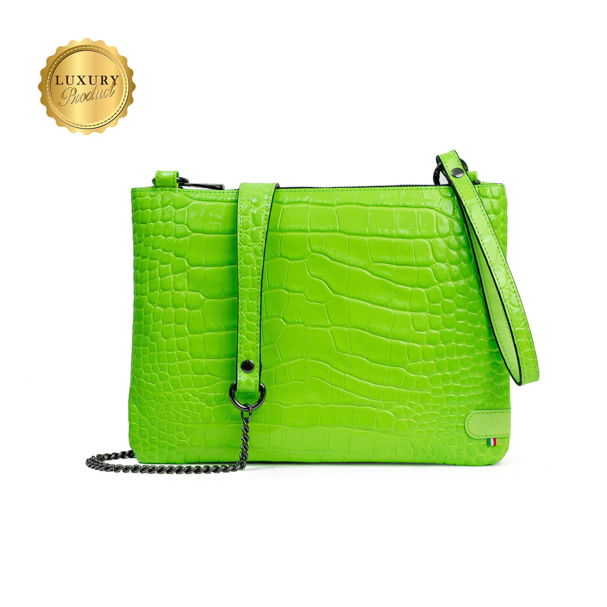Pochette con Tracolla Vera Pelle Cocco Verde