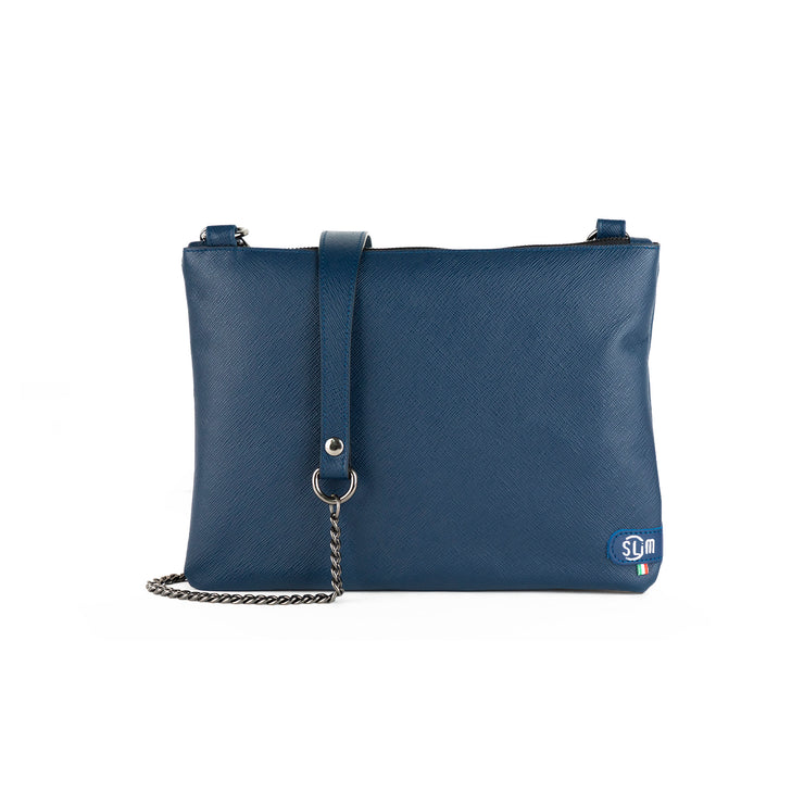 Pochette con Tracolla Vera Pelle Saffiano Blu