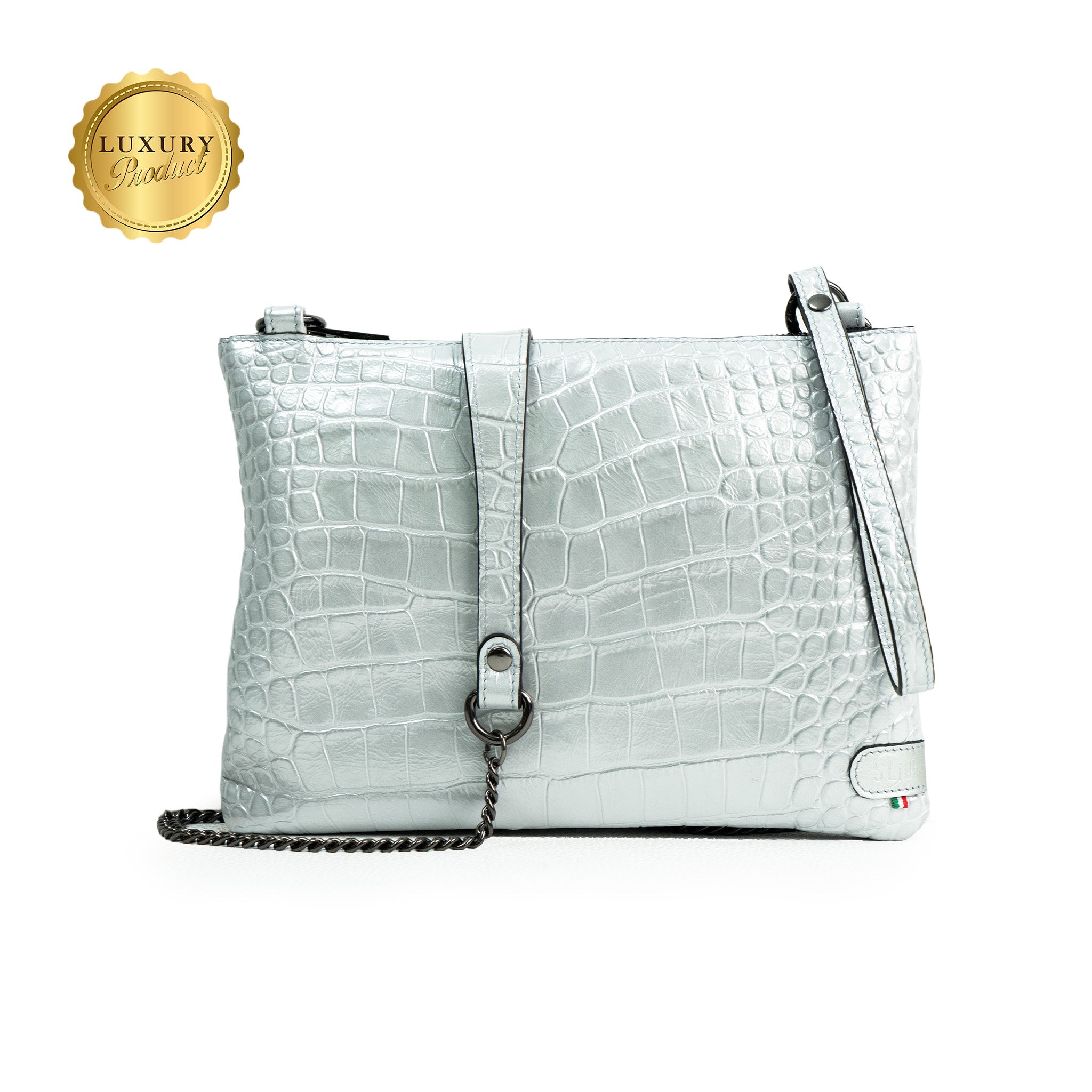 Clutch Bag with Wristband in Genuine Black Saffiano Leather