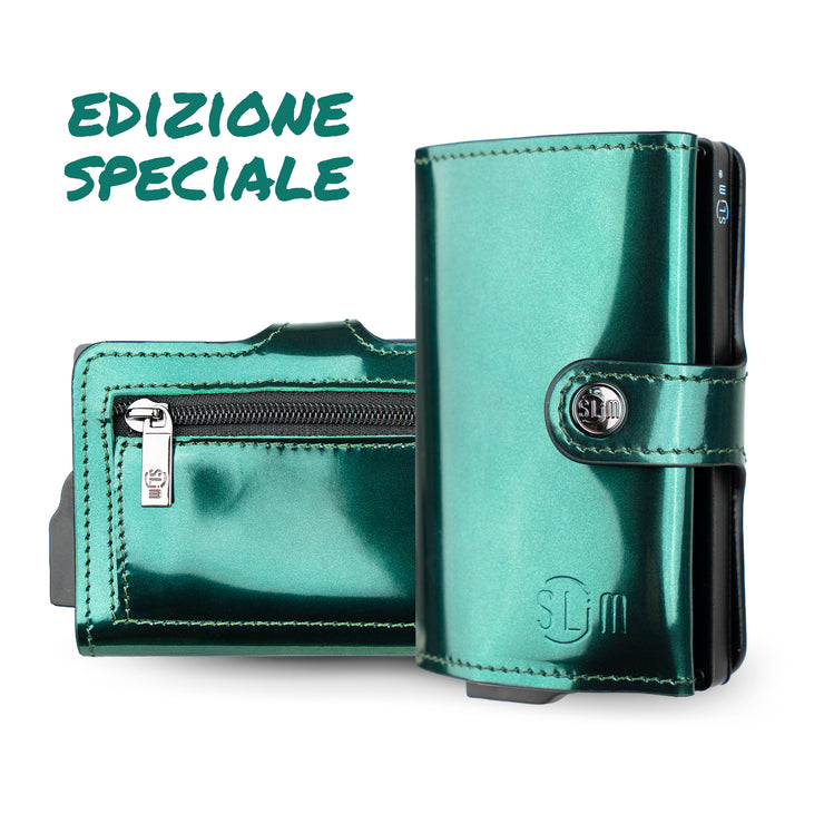 Porta Carte Vera Pelle Specchio Verde con Zip