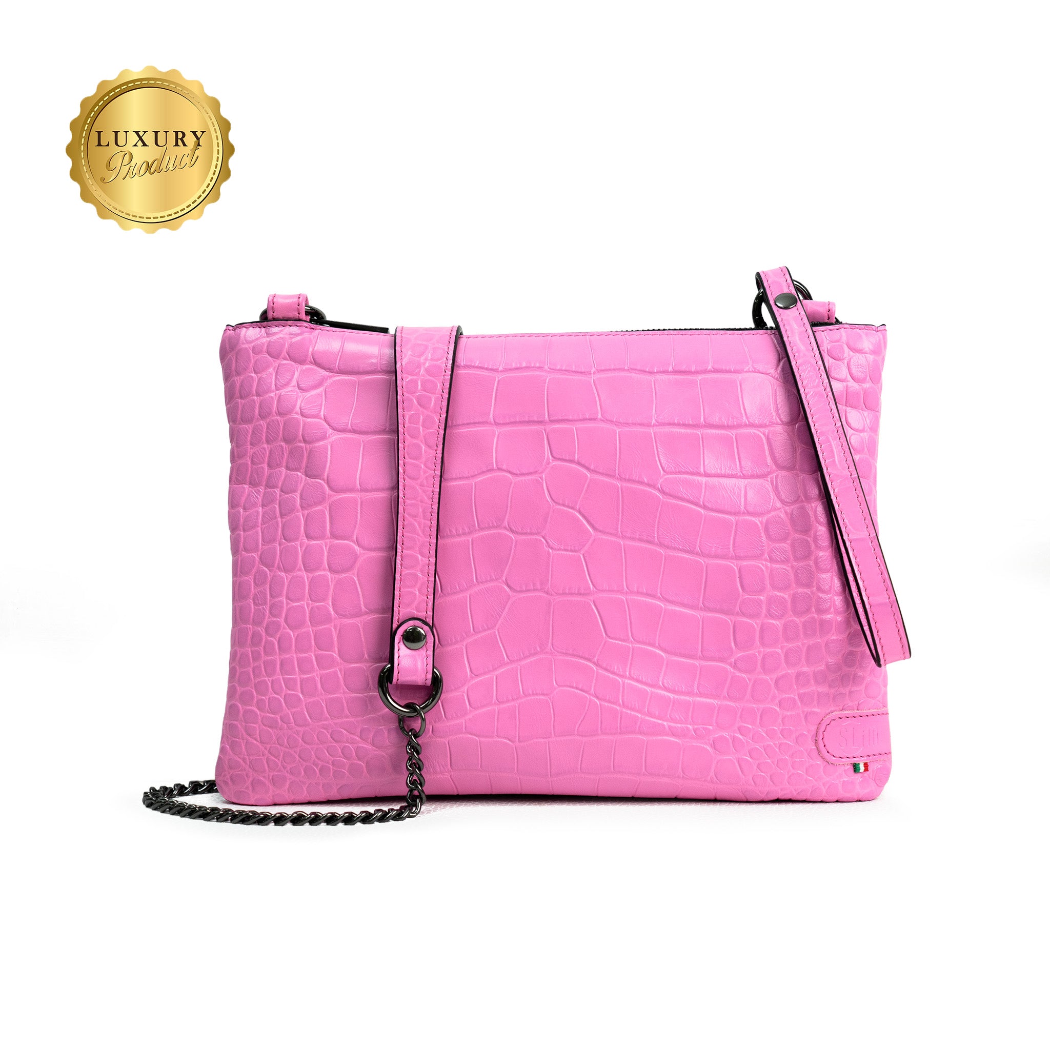 Clutch Bag with Wristband in Genuine Black Saffiano Leather