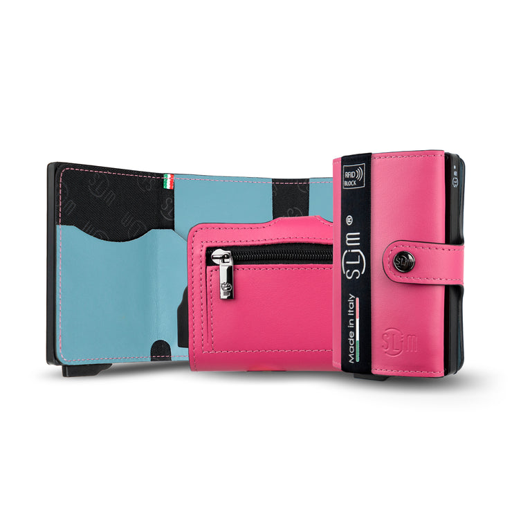SLim®️ genuine leather wallet in fuchsia and blue with zip coin pocket