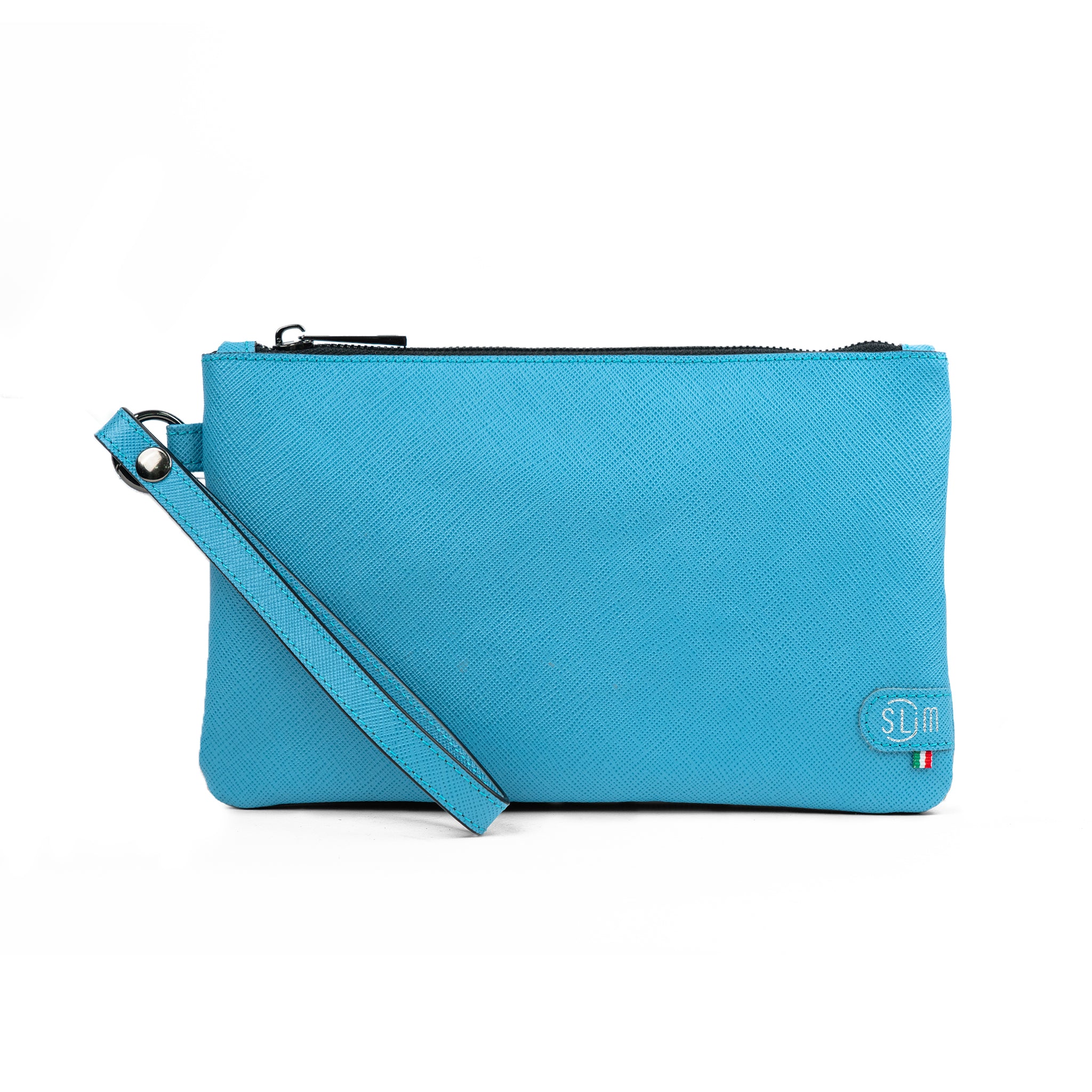 Pochette con Polsiera Vera Pelle Saffiano Azzurro