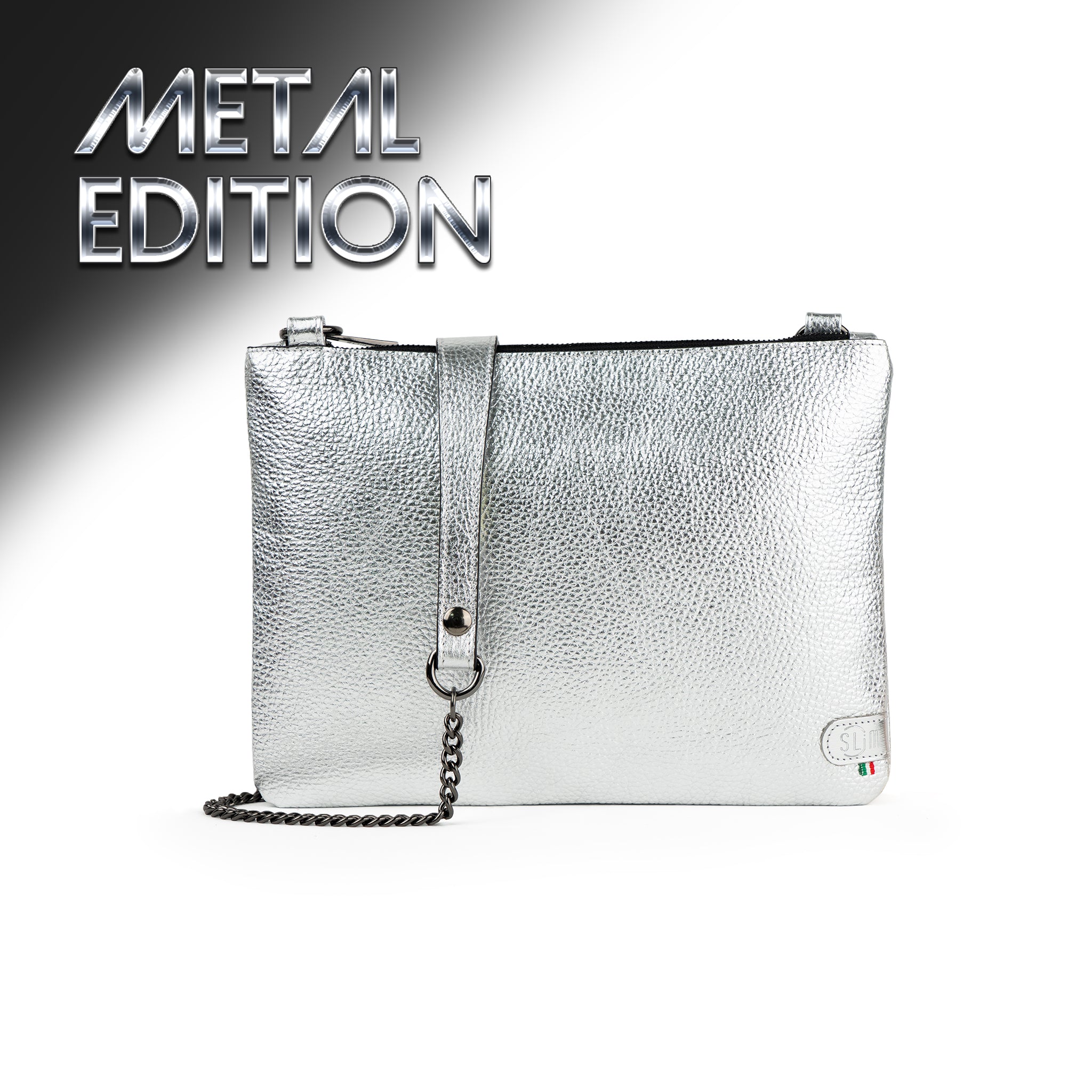 Pochette con Tracolla Vera Pelle Metal Argento