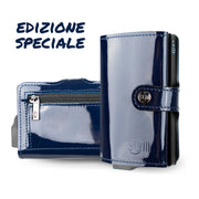 Porta Carte Vera Pelle Specchio Blu con Zip