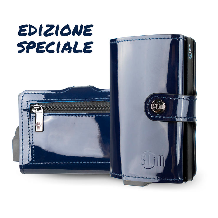 Porta Carte Vera Pelle Specchio Blu con Zip