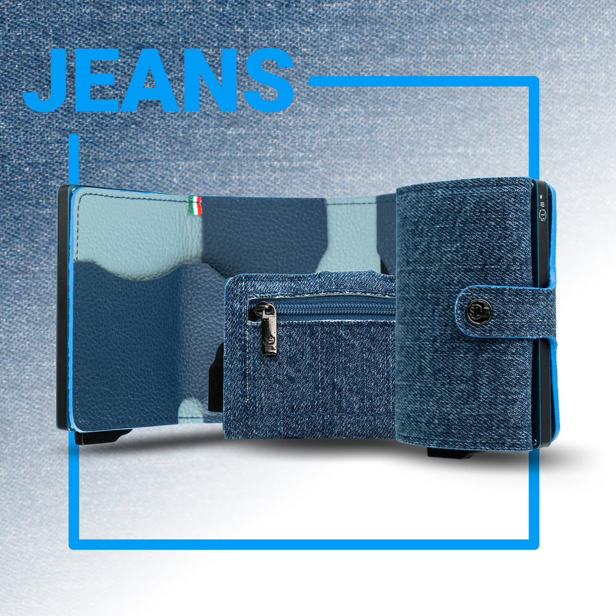 Porta Carte Jeans e Vera Pelle Blu Bottalata con zip porta monete