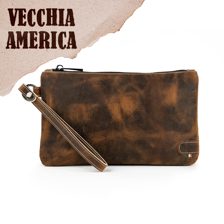 Pochette con Polsiera Vera Pelle Crazy Cuoio Dark Brown