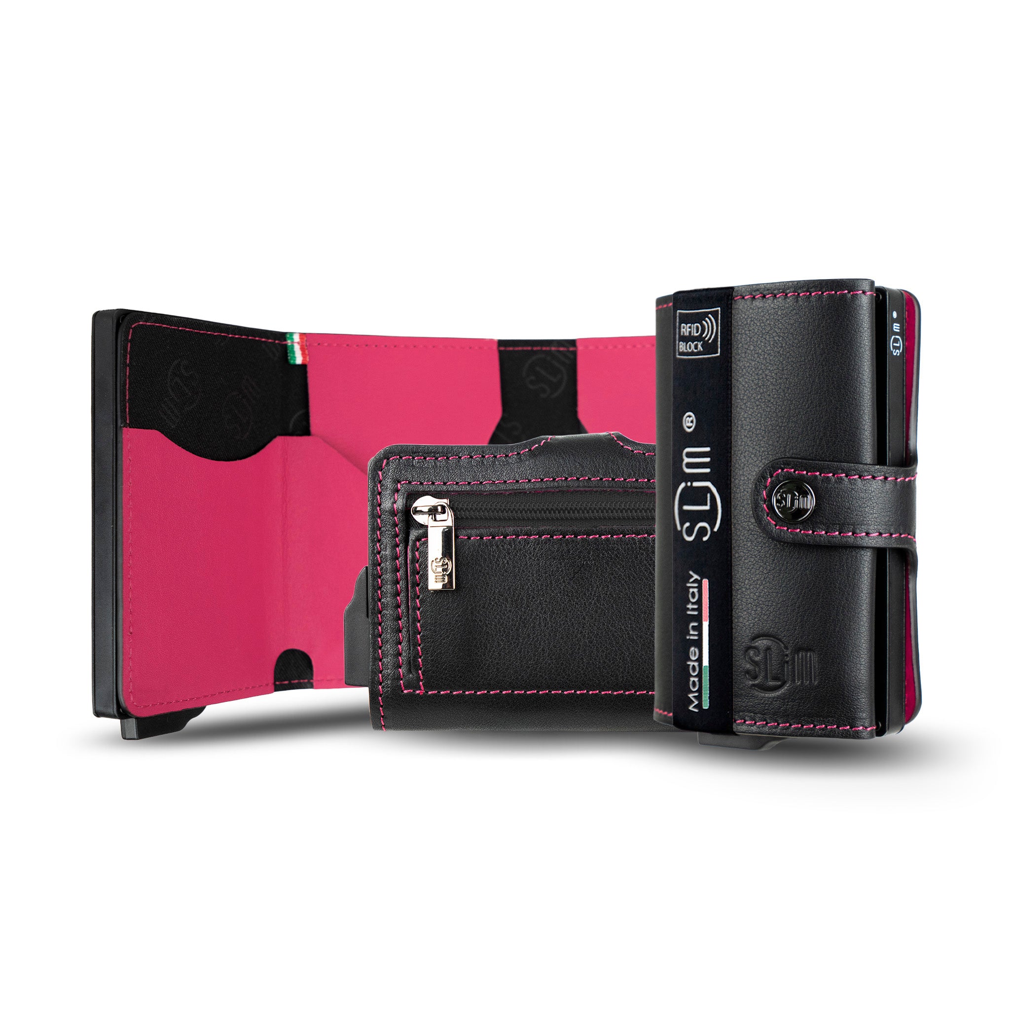 Porta Carte Vera Pelle Nero e Fucsia