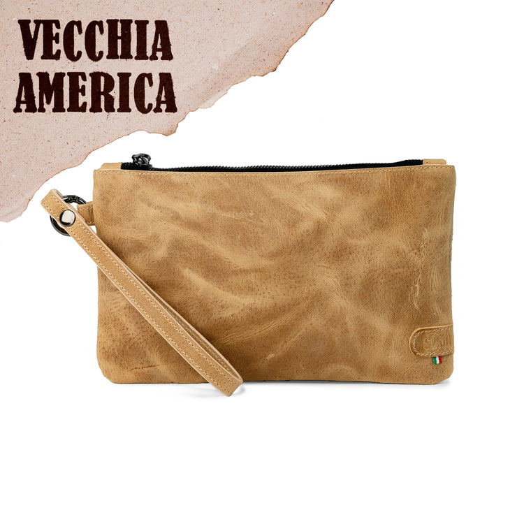 Clutch Bag with Wristband in Genuine Crazy Horse Leather, Sand