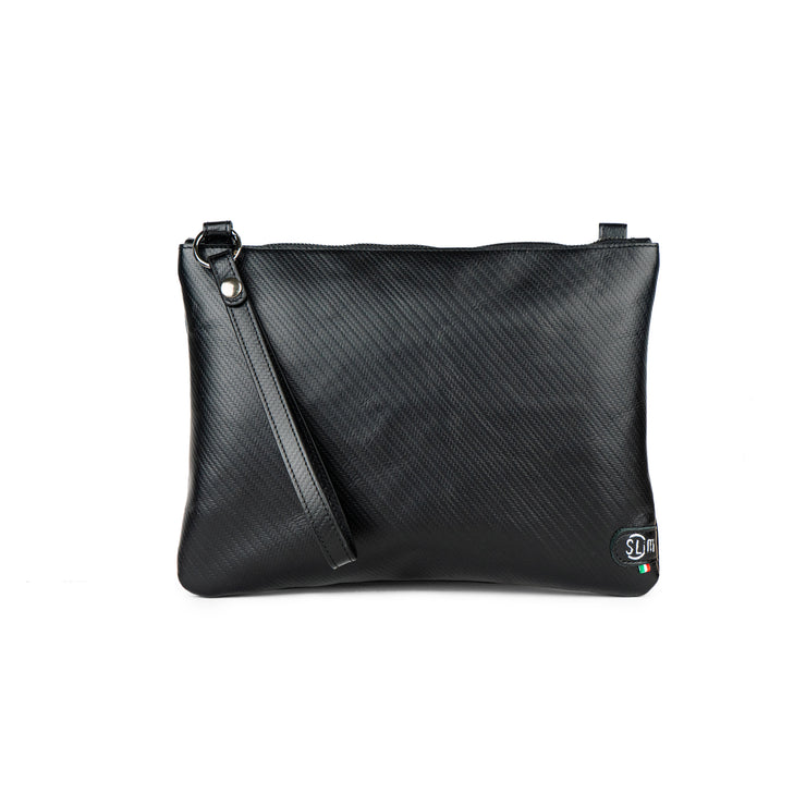 Pochette Modello Grande con Polsiera Vera Pelle Carbon Nero