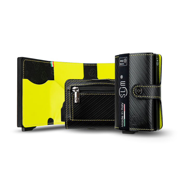 SLim®️ carbon style genuine leather wallet black/yellow with zip