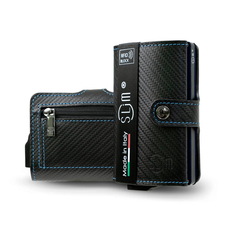 SLim®️carbon style genuine leather wallet with case and blue stitching