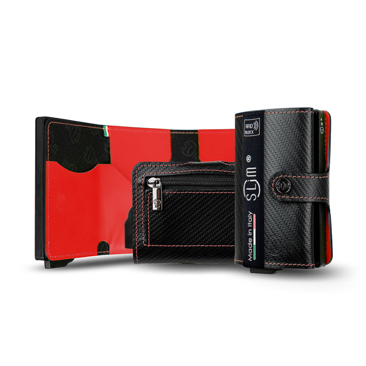 Porta Carte Vera Pelle Carbon Style Nero/Rosso con zip