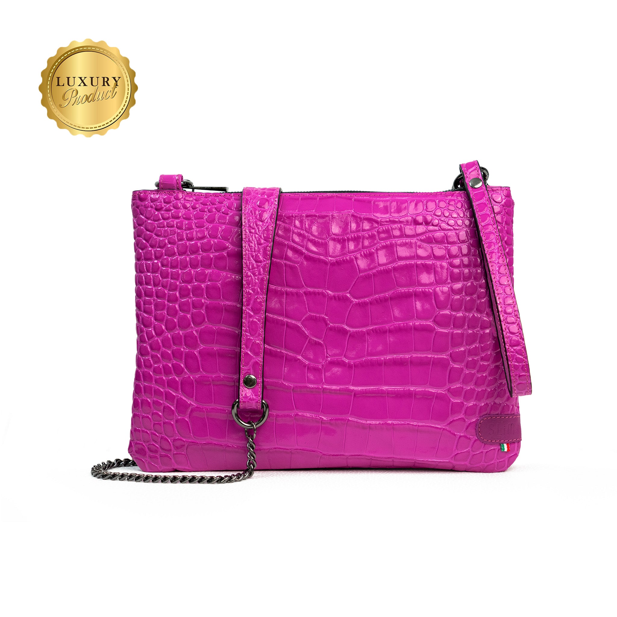 Clutch Bag with Shoulder Strap in Genuine Red Drummed Leather