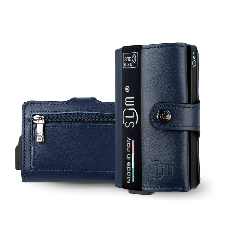 Porta Carte Vera Pelle Blu con Zip