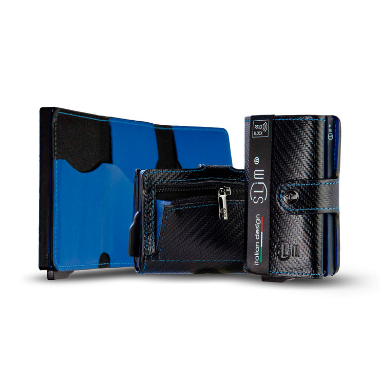 SLim®️ carbon style genuine leather wallet black/blue with zip