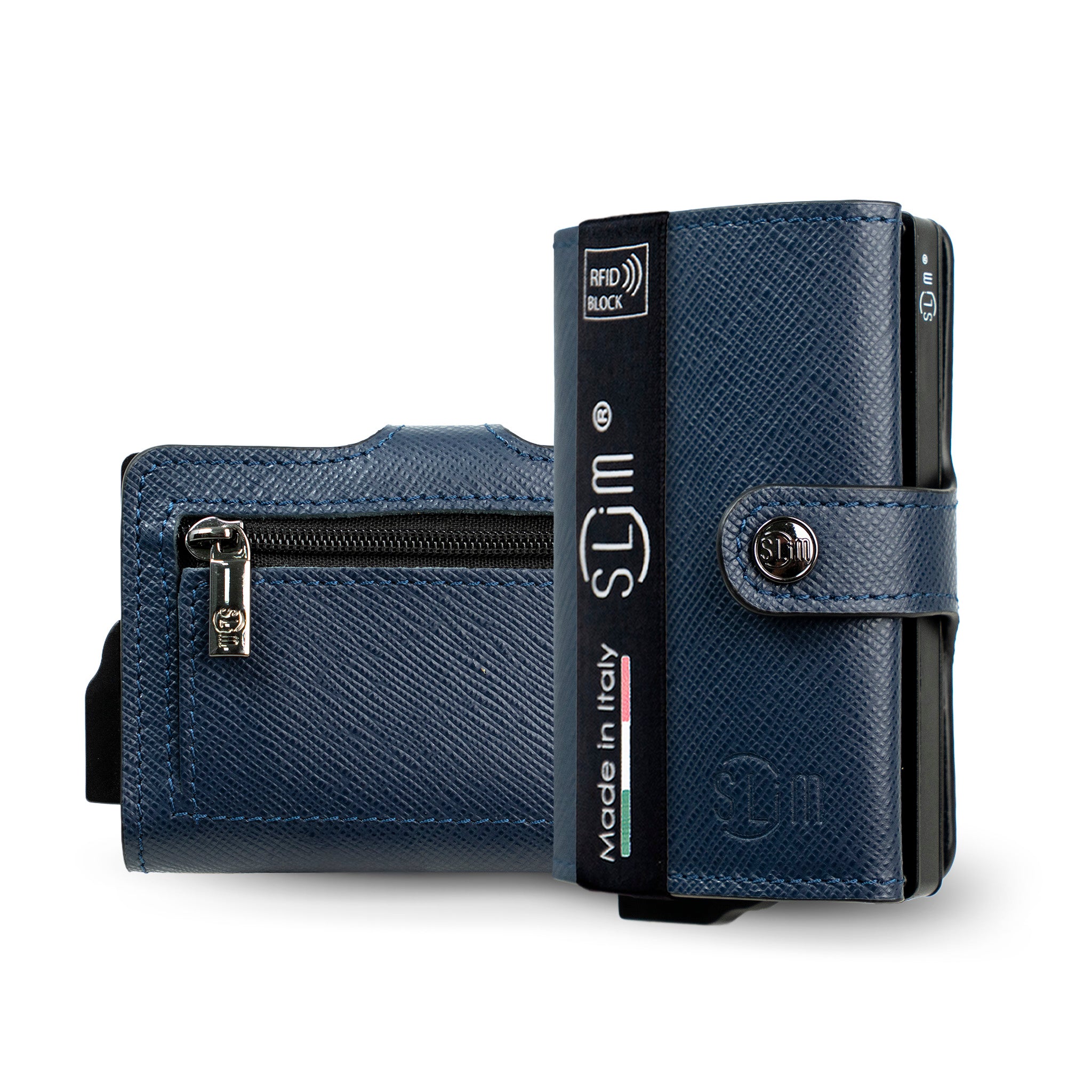Portacarte Vera Pelle Saffiano Anti Graffio Blu con zip