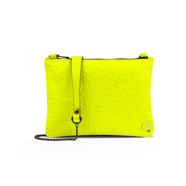 Pochette con Tracolla Vera Pelle Struzzo Giallo Fluo