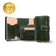 Porta Carte Vera Pelle Concia Al Vegetale Verde Zip