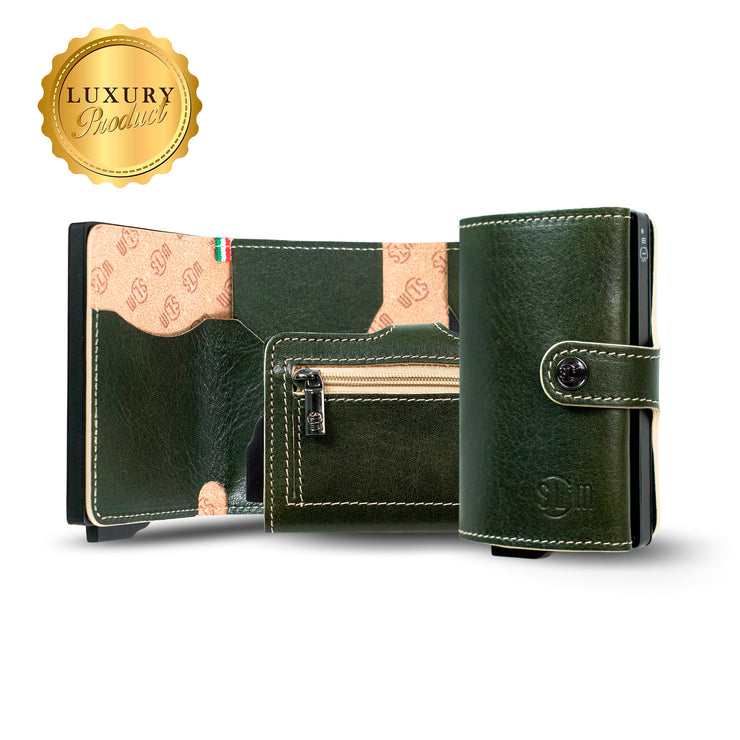 Porta Carte Vera Pelle Concia Al Vegetale Verde Zip