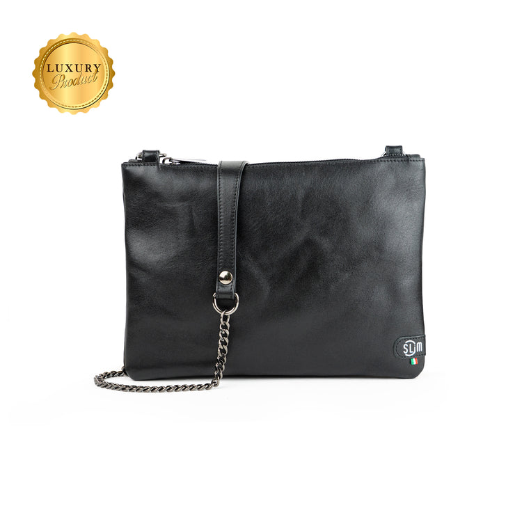 Cognac Genuine Vegetable Tanned Leather Clutch Bag with Shoulder Strap