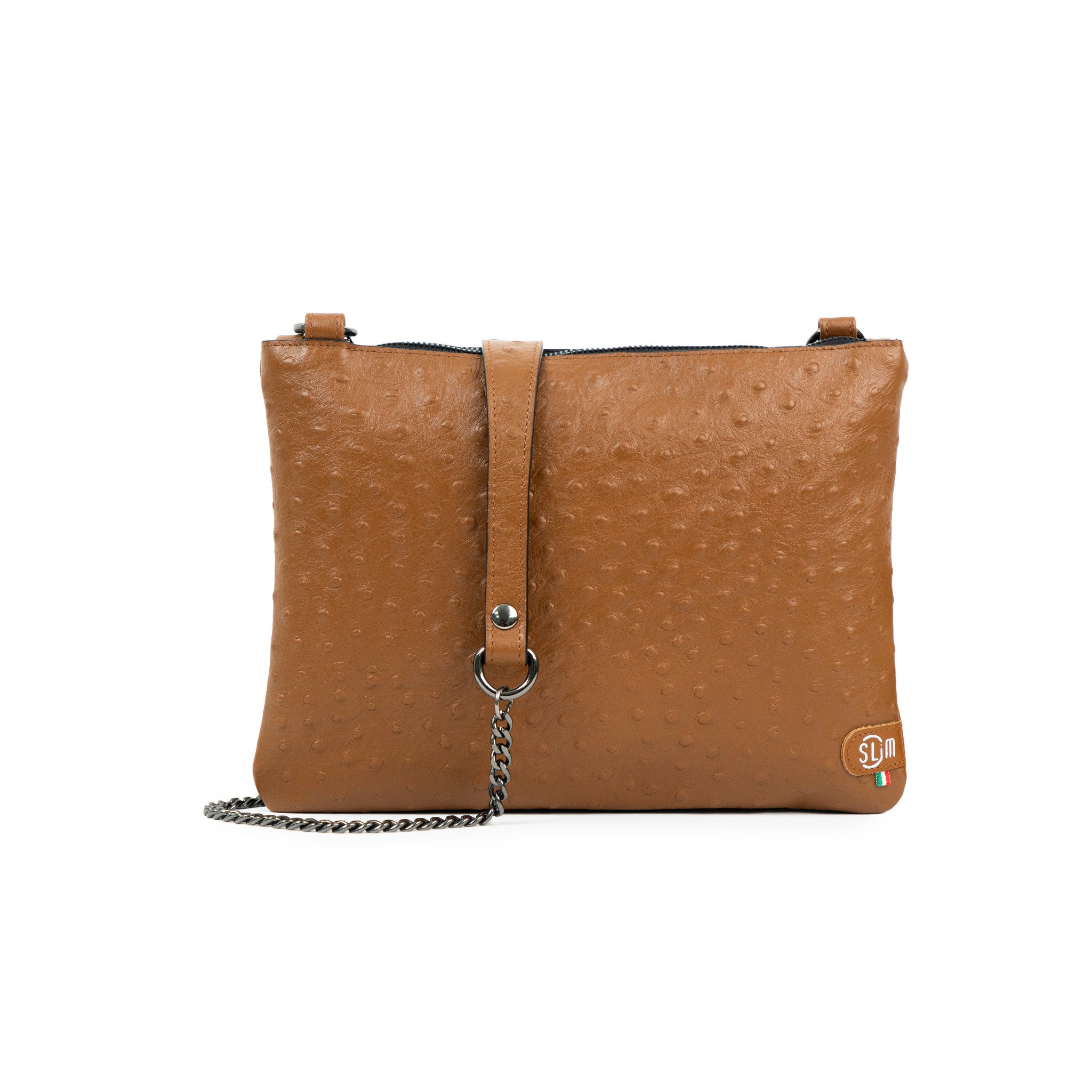 Pochette con Tracolla Vera Pelle Struzzo Marrone