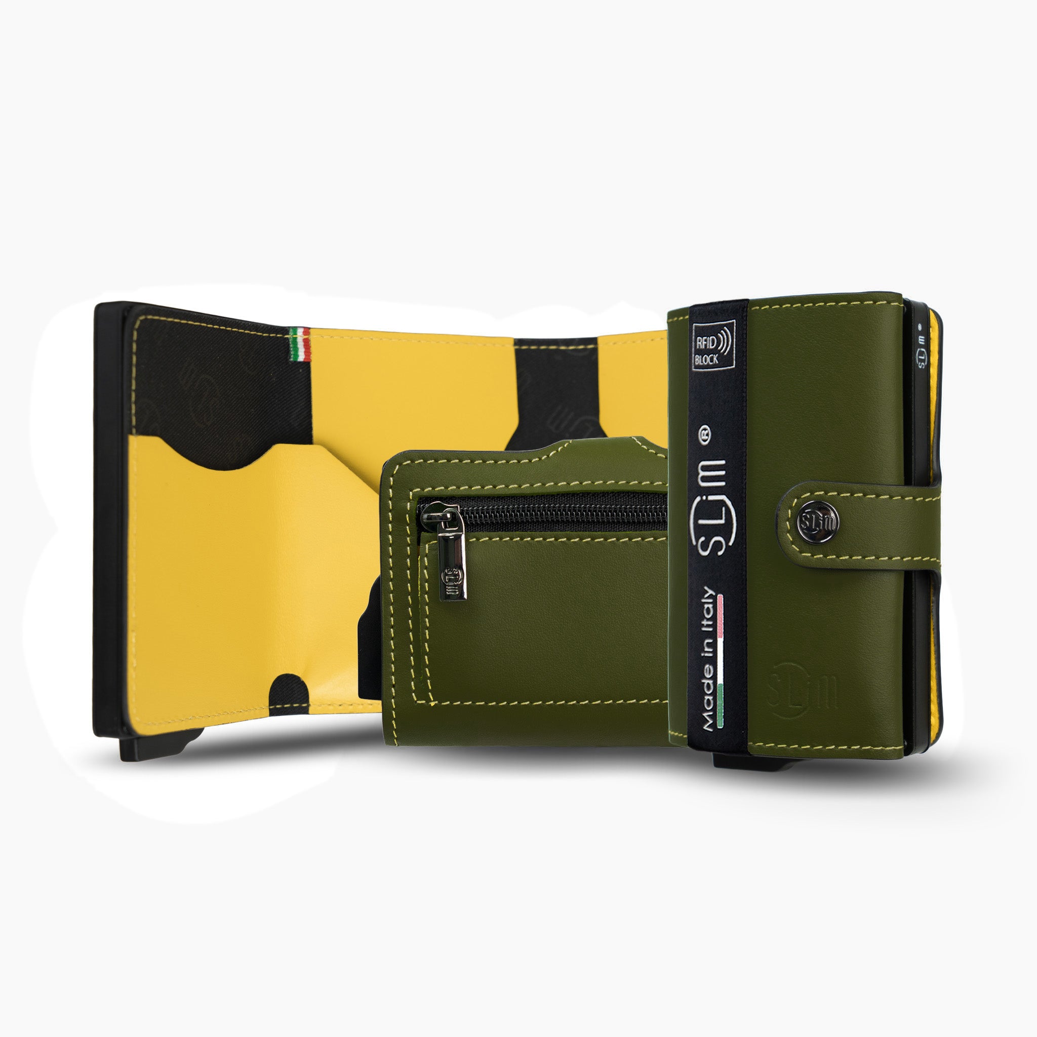 Porta carte Vera Pelle Verde Pistacchio-Giallo con zip porta-monete