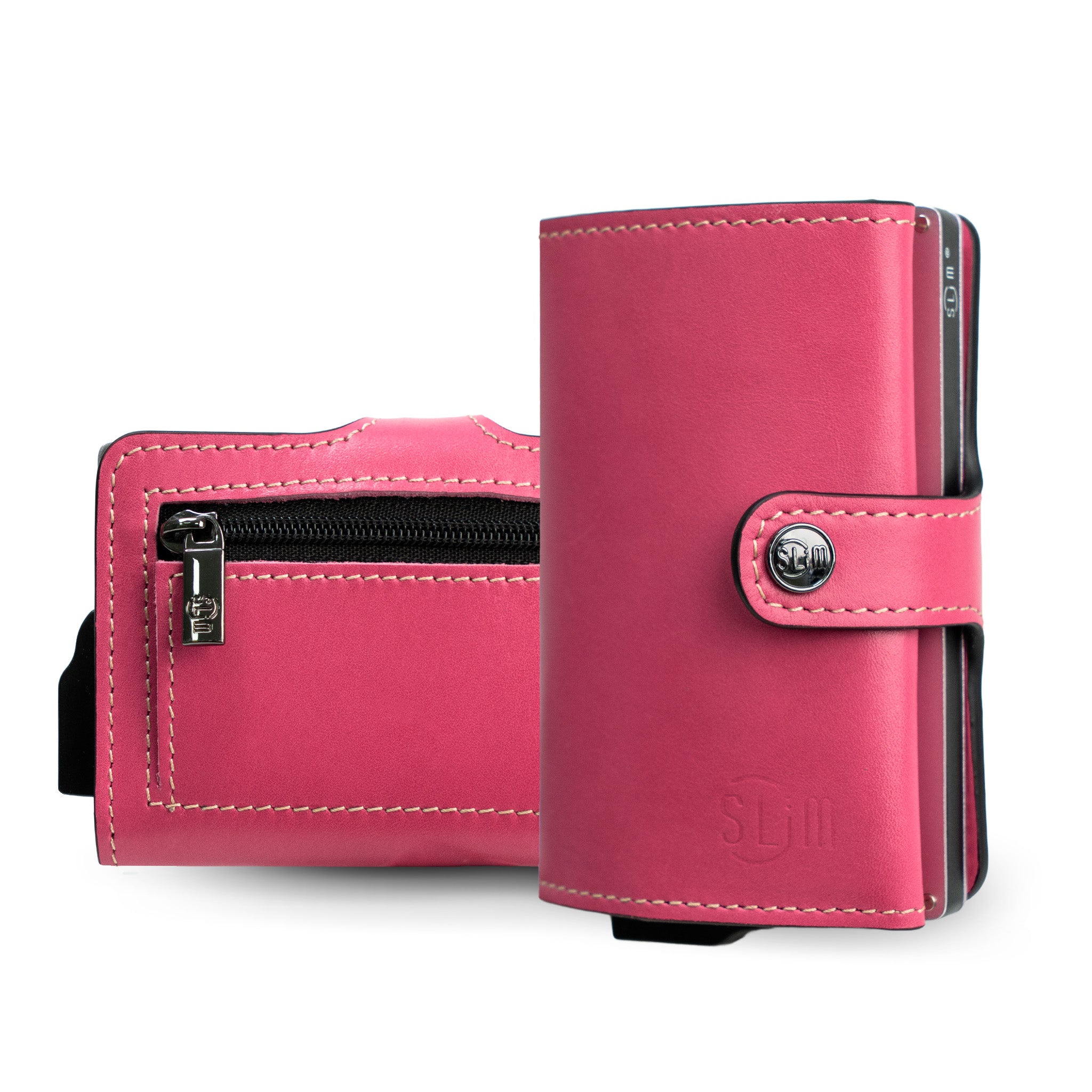 Porta Carte Vera Pelle Concia Vegetale Fucsia Zip
