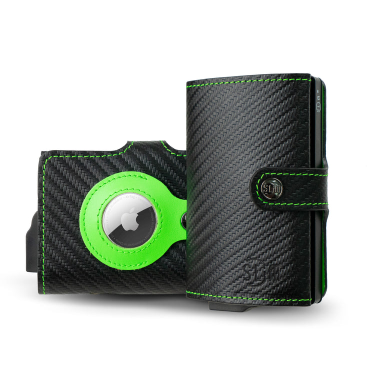 Vera Pelle Carbon Nero/ Verde Fluo Compatibile Con AirTag*