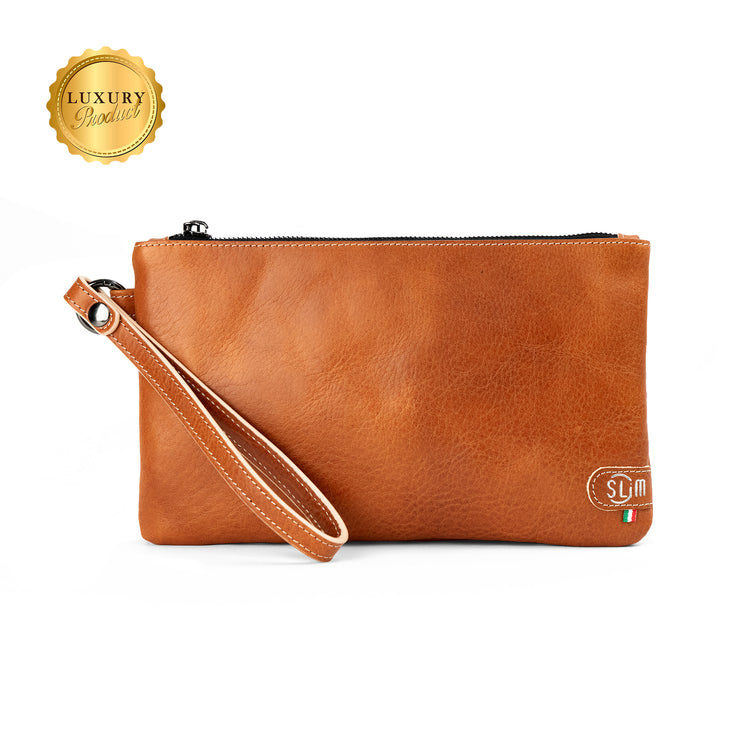 Pochette con Polsiera Vera Pelle Vegetale Cognac
