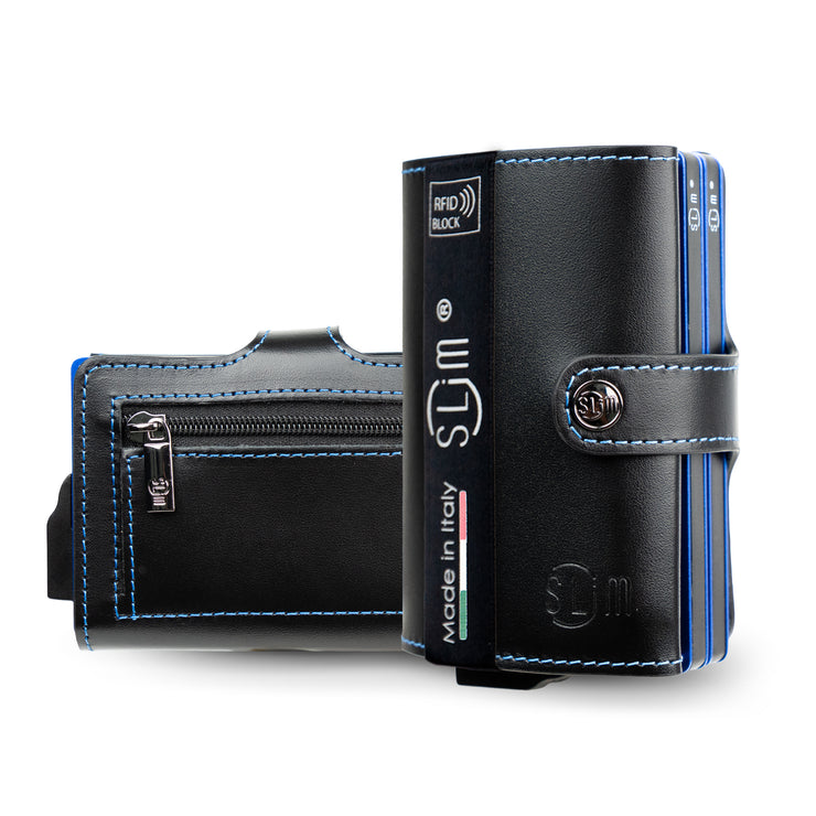 SLim®️ double case genuine balck leather wallet with blue stitching and zip