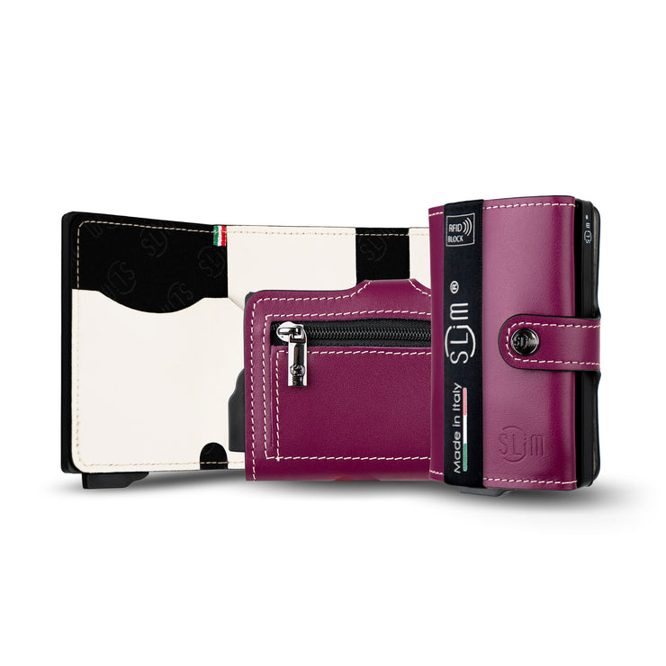 Porta Carte Vera Pelle Viola Melanzana e Panna