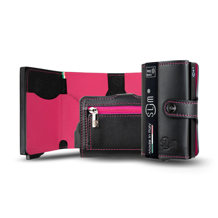 Porta Carte Vera Pelle Nero e Fucsia