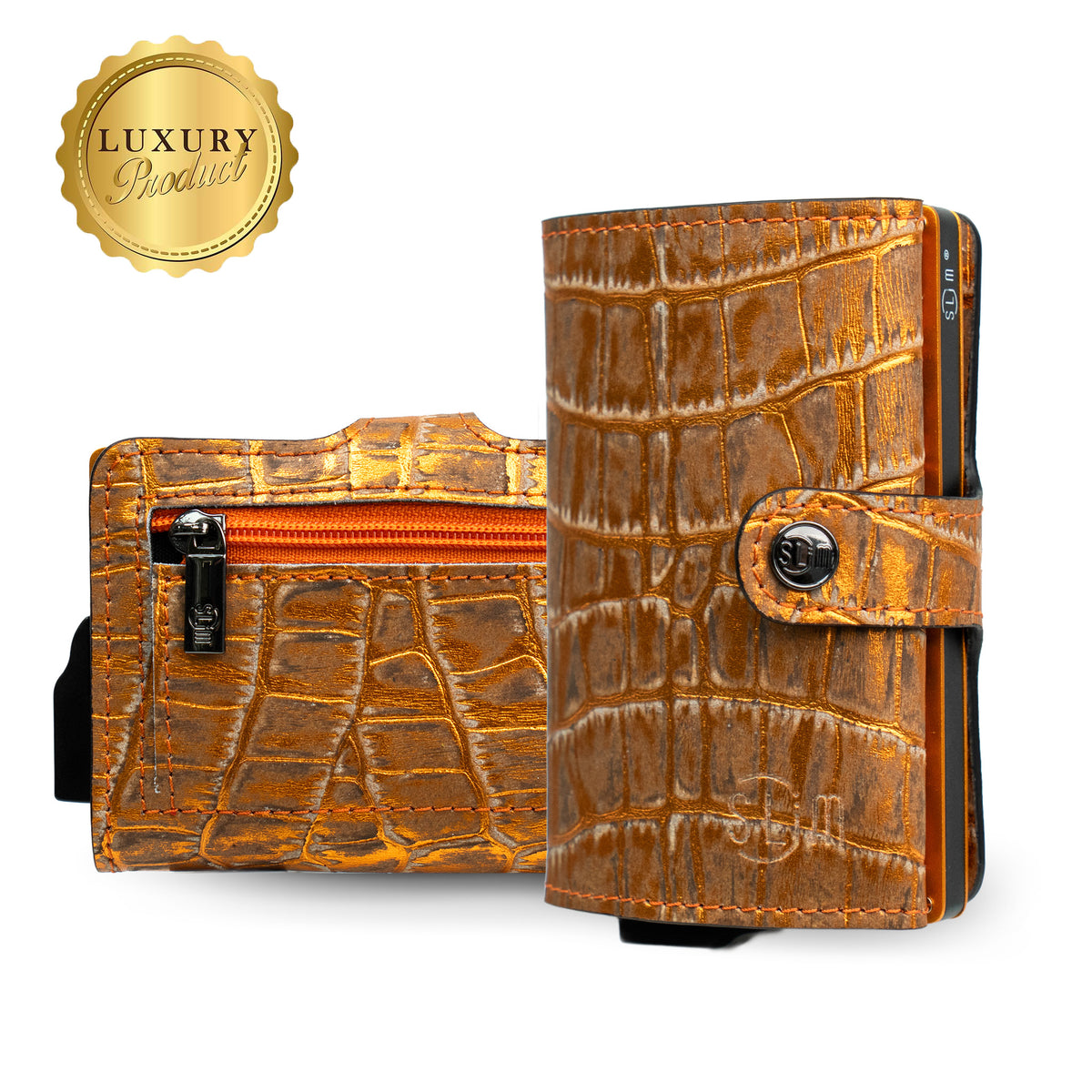 Portacarte Vera Pelle Cocco Metal Arancio