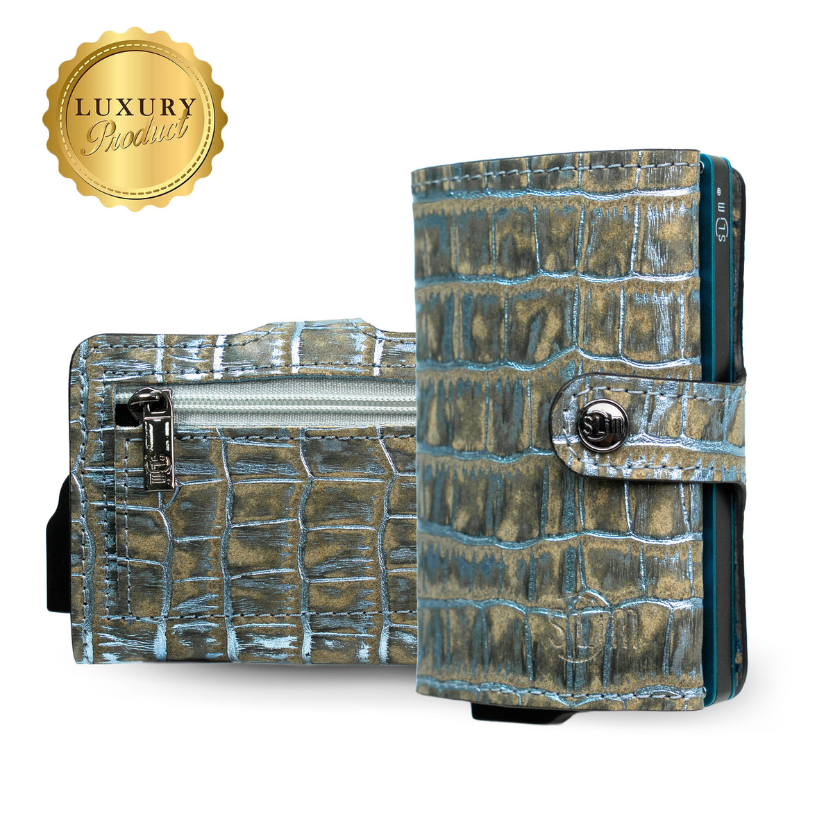 Portacarte Vera Pelle Cocco Metal Azzurro