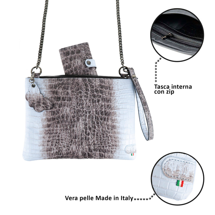 Pochette con Tracolla Vera Pelle Cocco Azzurro