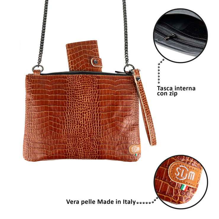 Pochette con Tracolla Vera Pelle Cocco Cuoio