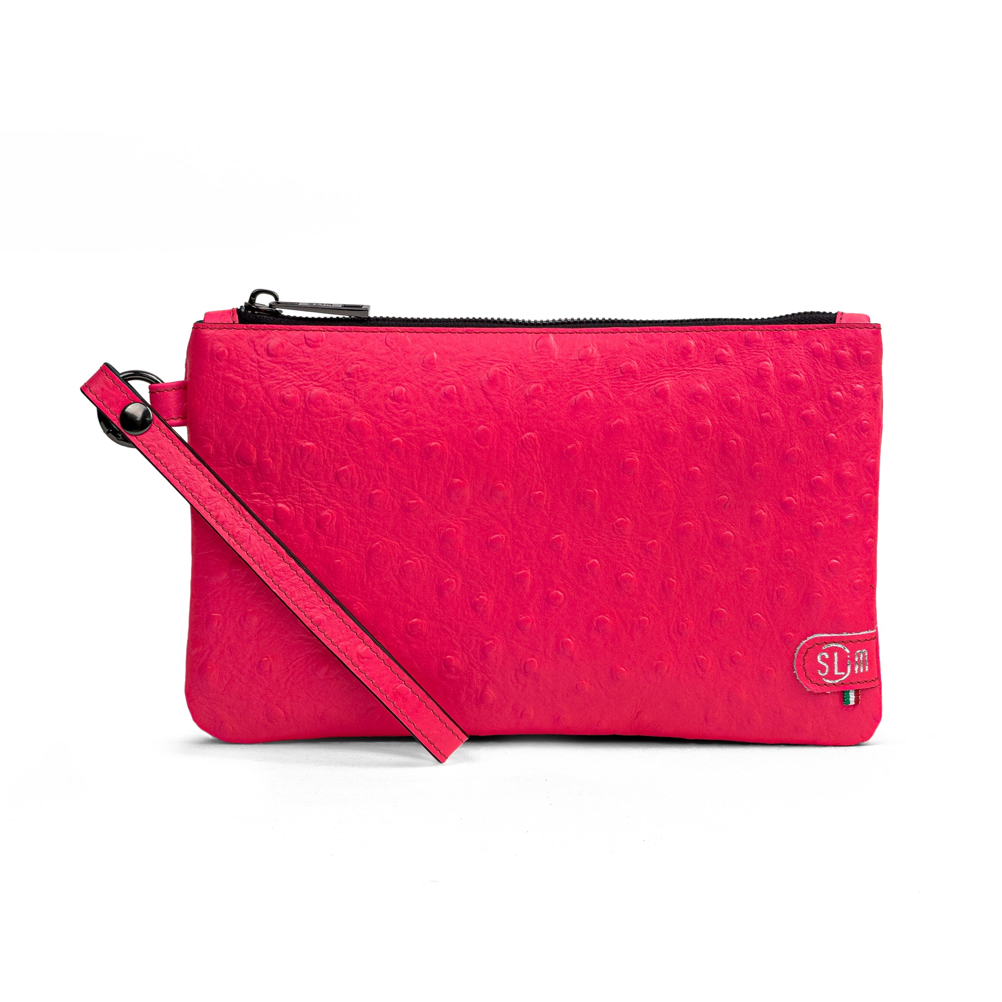 Pochette con Polsiera Vera Pelle Struzzo Fucsia Fluo