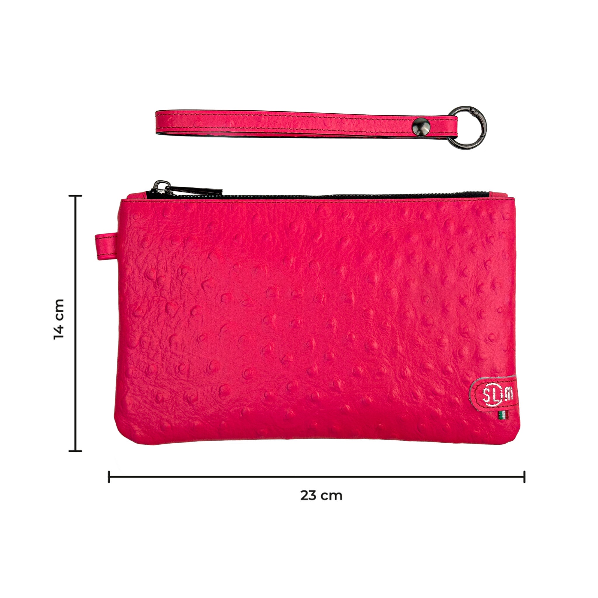 Pochette con Polsiera Vera Pelle Struzzo Fucsia Fluo
