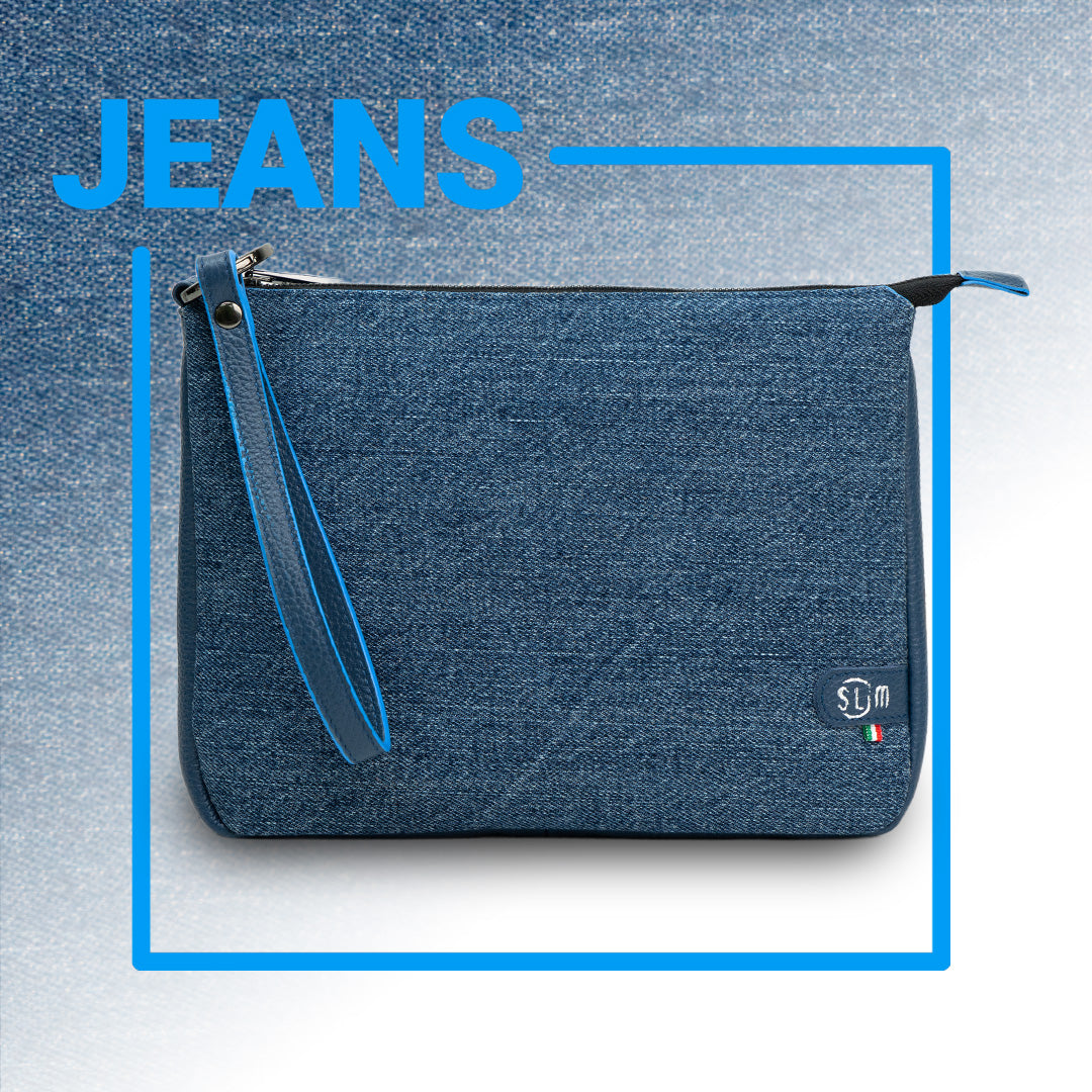Pochette Max Jeans e Vera Pelle Blu Bottalata con zip porta monete