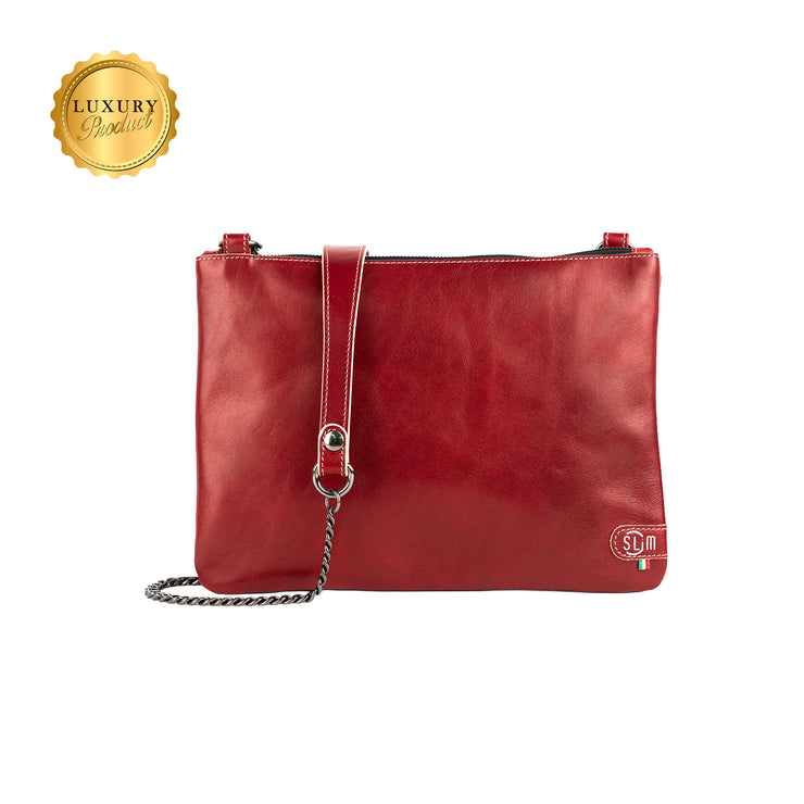 Genuine Red Vegetable Tanned Leather Clutch Bag with Shoulder Strap