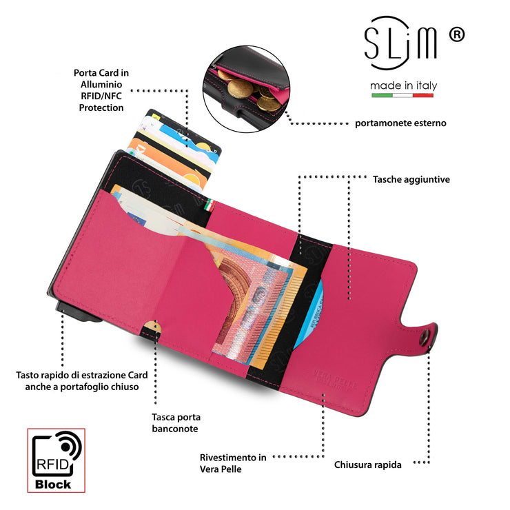 Porta Carte Vera Pelle Nero e Fucsia